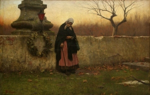 All Souls' Day by Jakub Schikaneder, 1888. The painting shows an elderly woman after placing a wreath upon the tombstone of her loved one. 