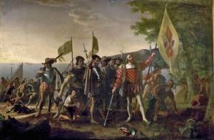 Christopher Columbus is depicted landing in the West Indies on 12 October 1492